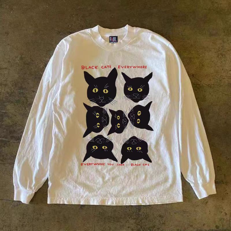 Vintage White retro black cat print long-sleeved t-shirt Size US M / EU 48-50 / 2 - 1 Thumbnail