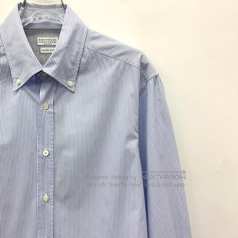 Brunello Cucinelli Brunello Cucinelli Light Blue Vertical Striped Cotton Coll Size S / US 4 / IT 40 - 3 Thumbnail