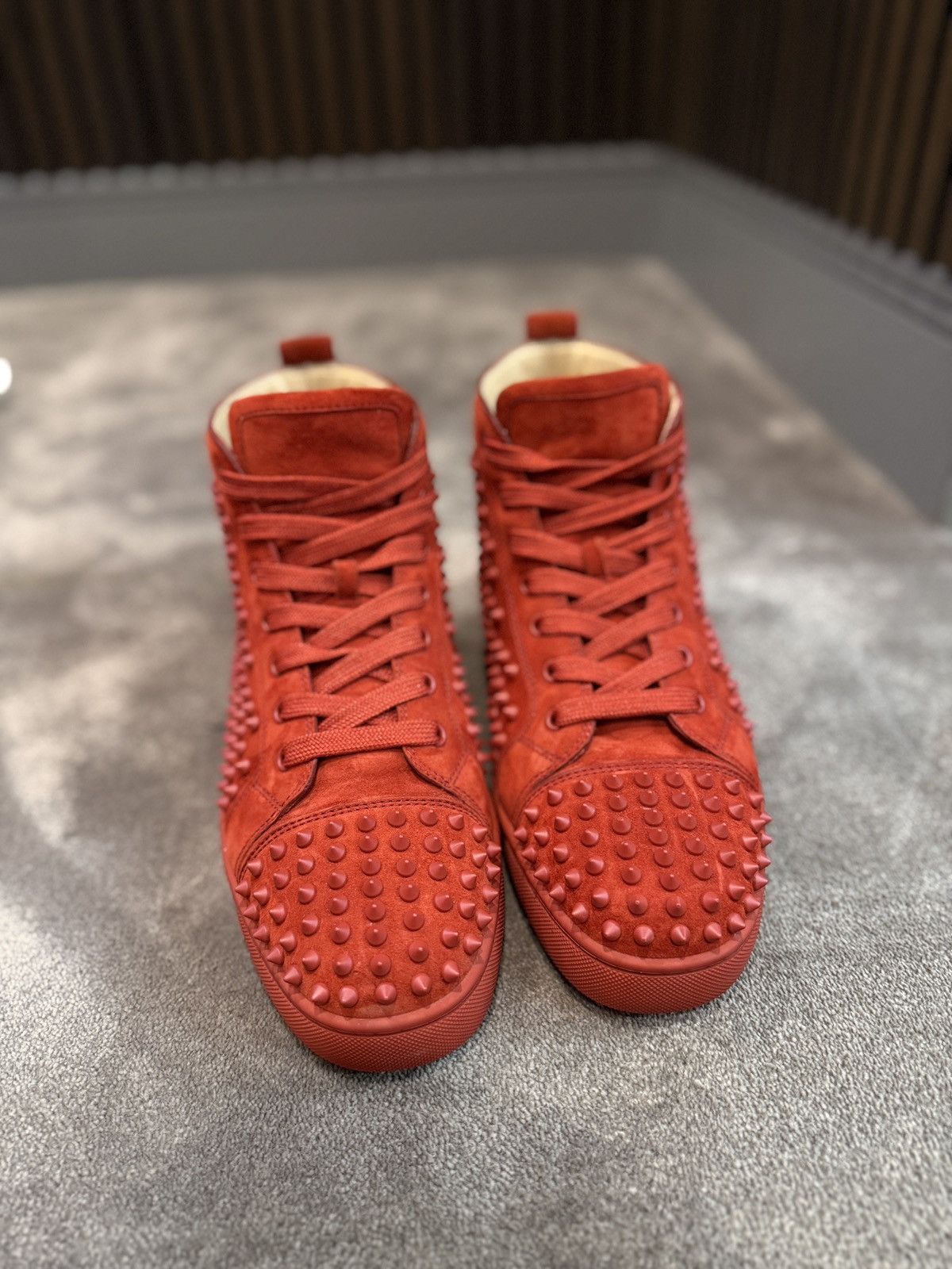 Christian Louboutin Christian Louboutin Red Suede Louis Spikes High Top Sneakers Size US 11 / EU 44 - 2 Thumbnail