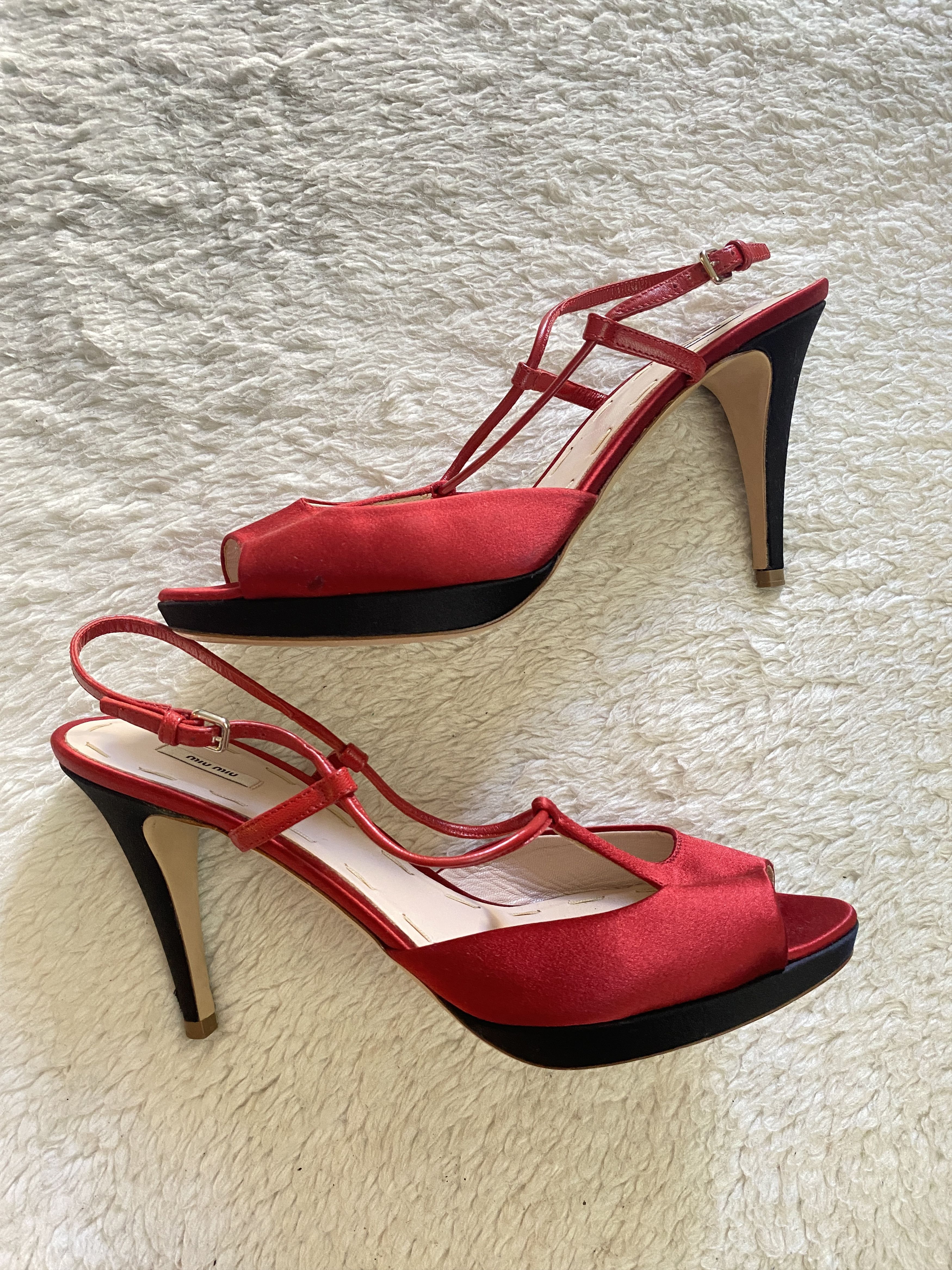 Miu Miu Miu Miu Silk Peep Toe Sandals – Red & Black Size US 10 / IT 40 - 10 Thumbnail