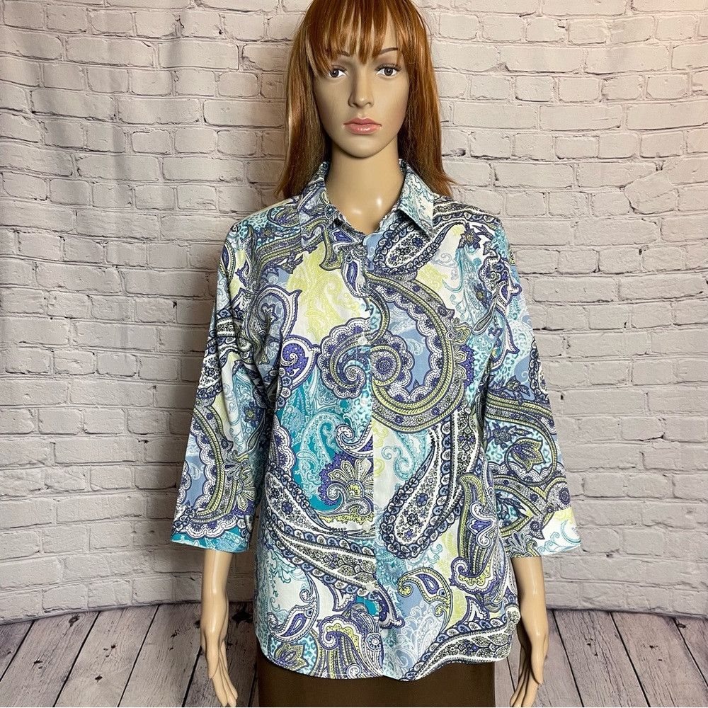 Chicos Chico's Effortless Beatrice Paisley No-Iron Cotton Shirt Si Size M / US 6-8 / IT 42-44 - 2 Thumbnail
