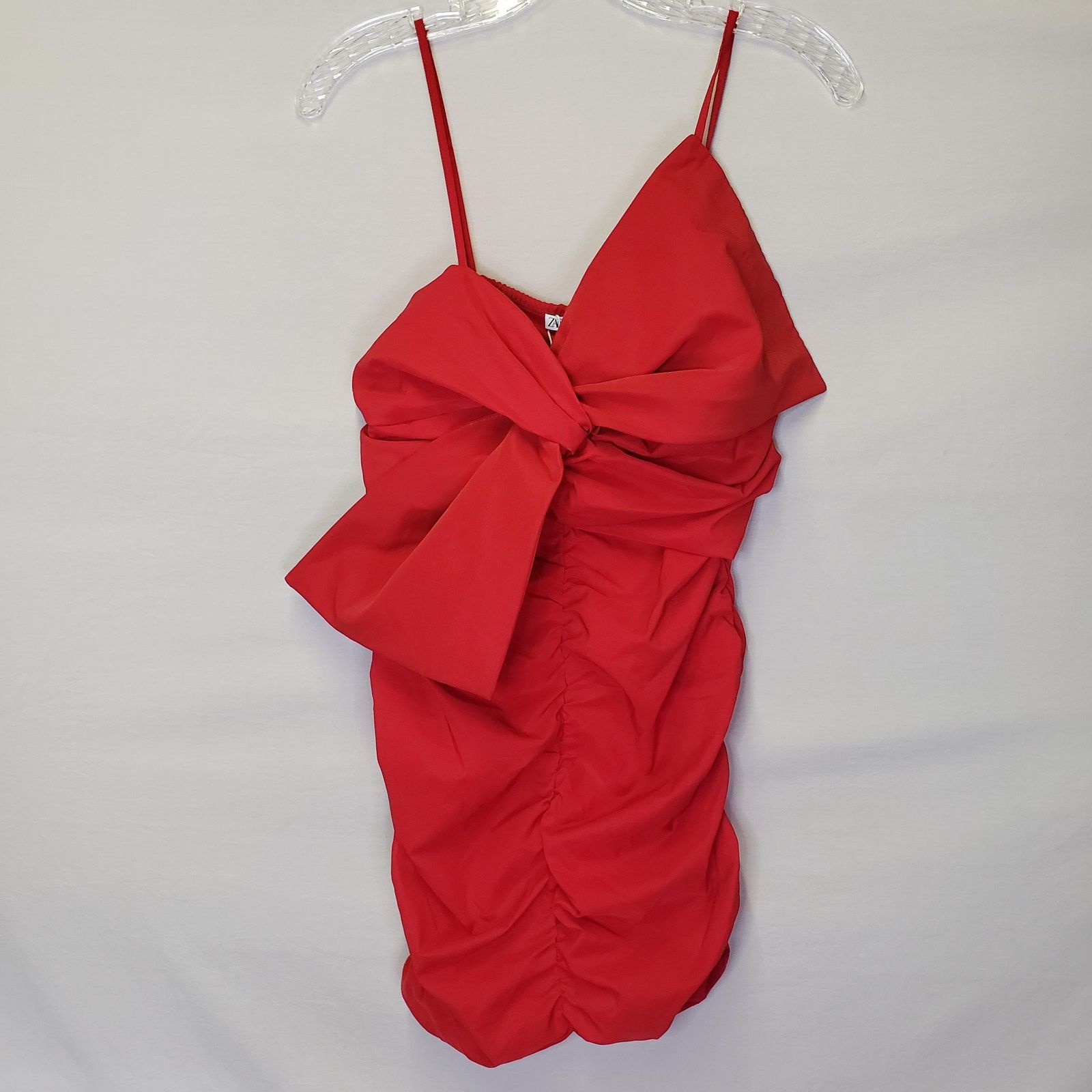 ZARA Voluminous Red Bow Mini Dress retailer Ruching