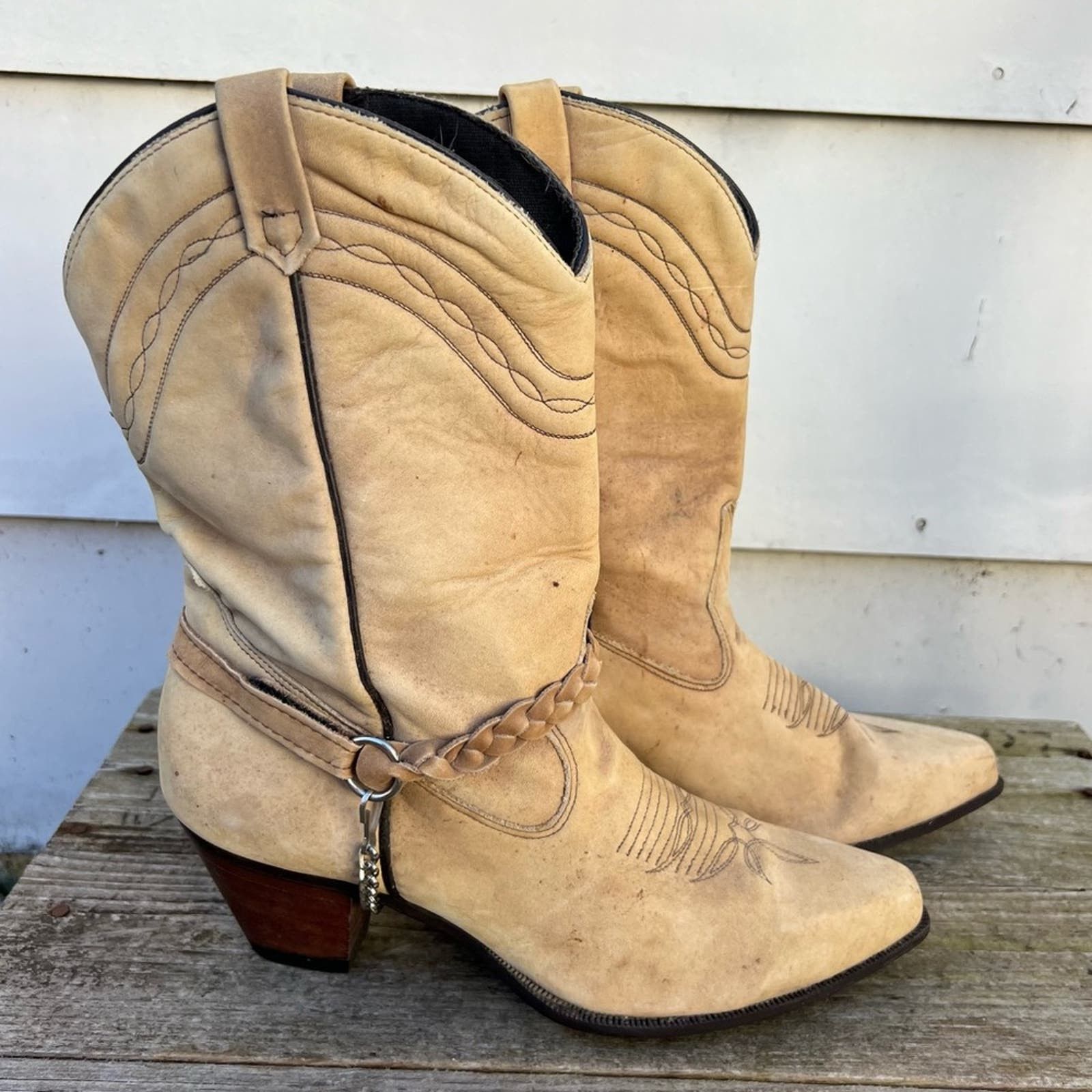 image of Vintage 80's Acme Cowgirl Rockabilly Biker Boots Chain Harness 8 1/2 in Tan, Women's (Size 8.5)