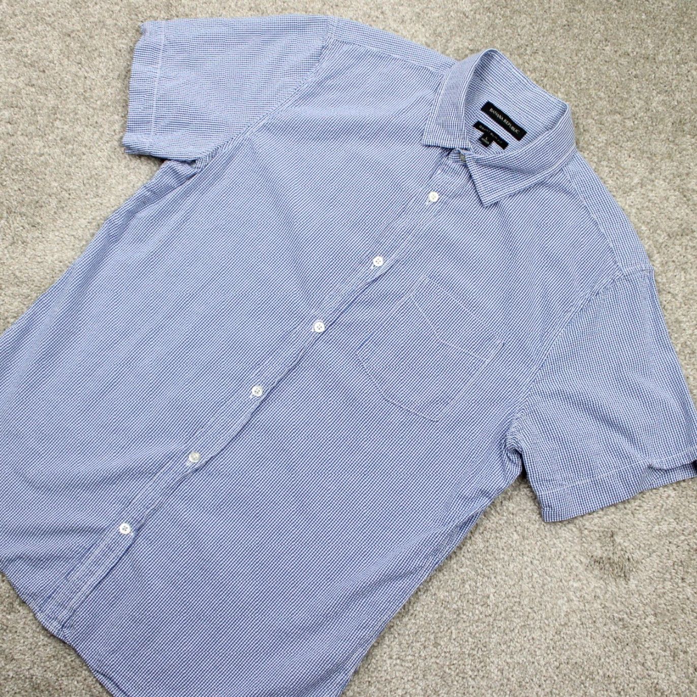 Banana Republic Banana Republic Shirt Men L Blue/White Checkered Textured S/S Slim Fit Button-Up, Casual, Workwear, Boys? No, Mens, Blue Size US L / EU 52-54 / 3 - 3 Thumbnail