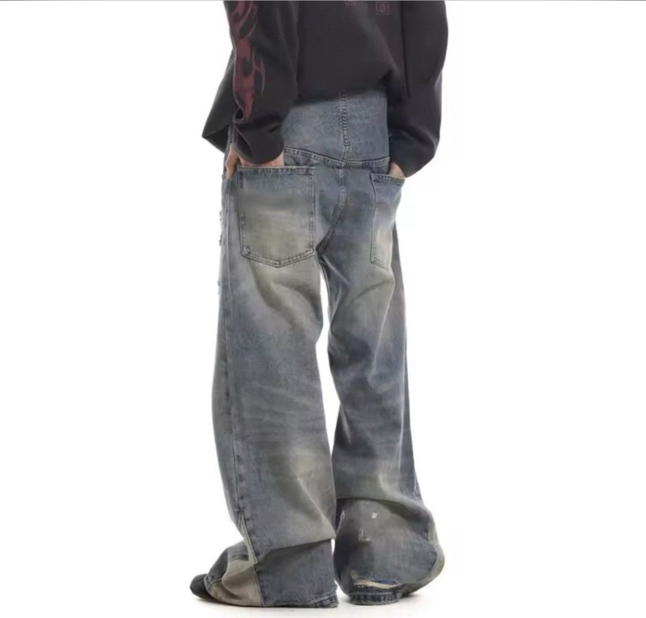 Jean Vintage Washed Distressed Splicing Flared Jeans Size US 30 / EU 46 - 2 Thumbnail