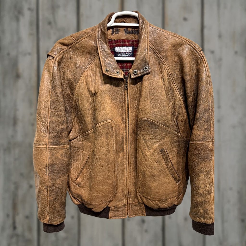 Vintage VINTAGE Oakbrook Leather Bomber Jacket Mens Size L Distressed Brown Wool? Size US L / EU 52-54 / 3 - 1 Thumbnail