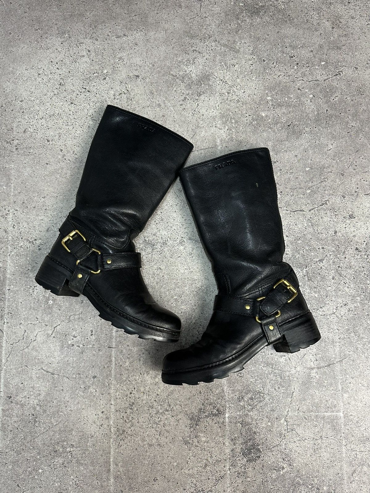 Vintage Prada Archival Motorcycle Leather High Boots Buckle