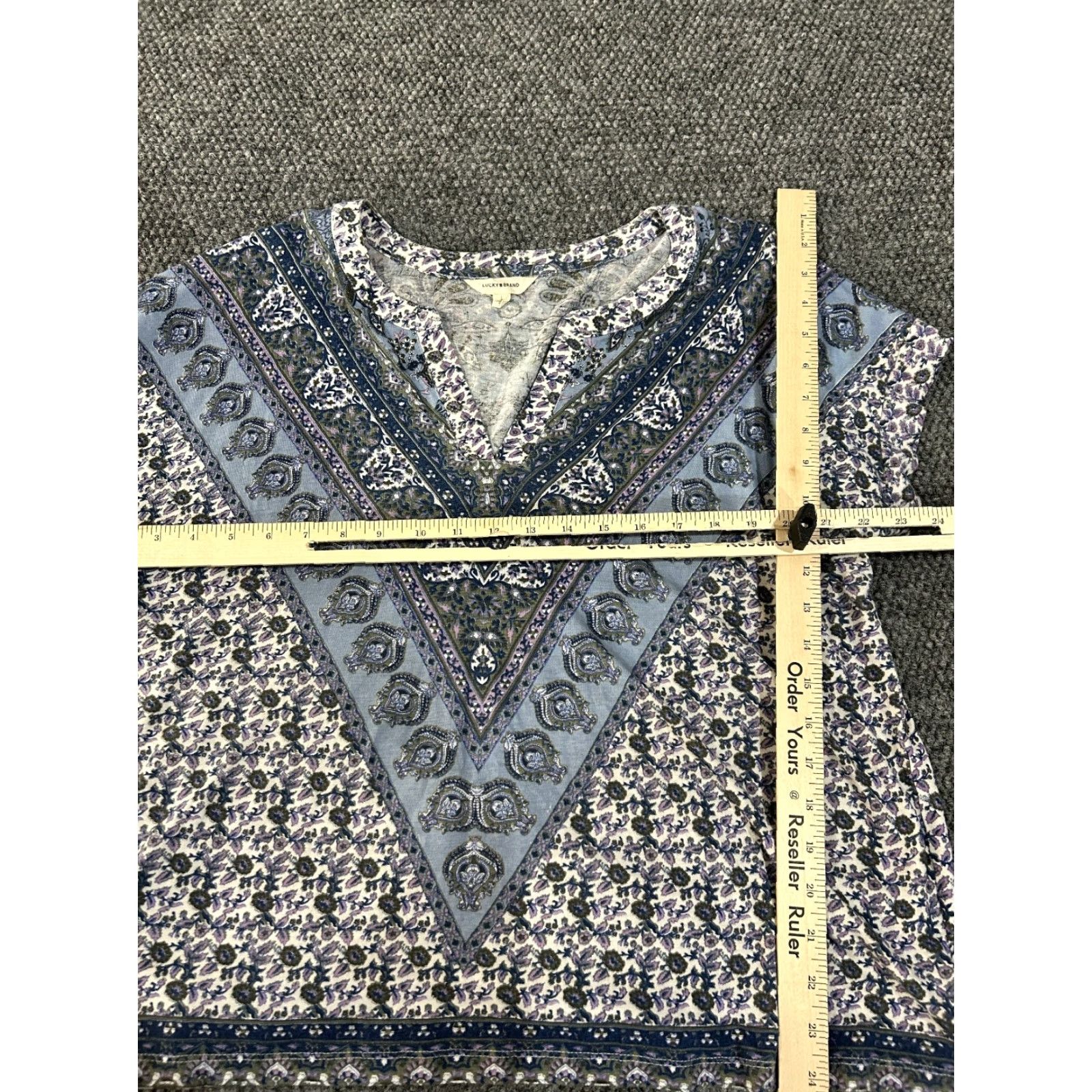 Lucky Brand Lucky Brand Blouse Women's L Blue Purple Floral Boho Knit V-Neck Short Sleeve Pullover Casual Size L / US 10 / IT 46 - 5 Thumbnail