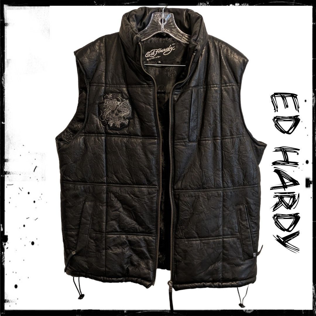 image of Vintage Ed Hardy Black Leather Zip Up Vest Lks Skull Men Xl