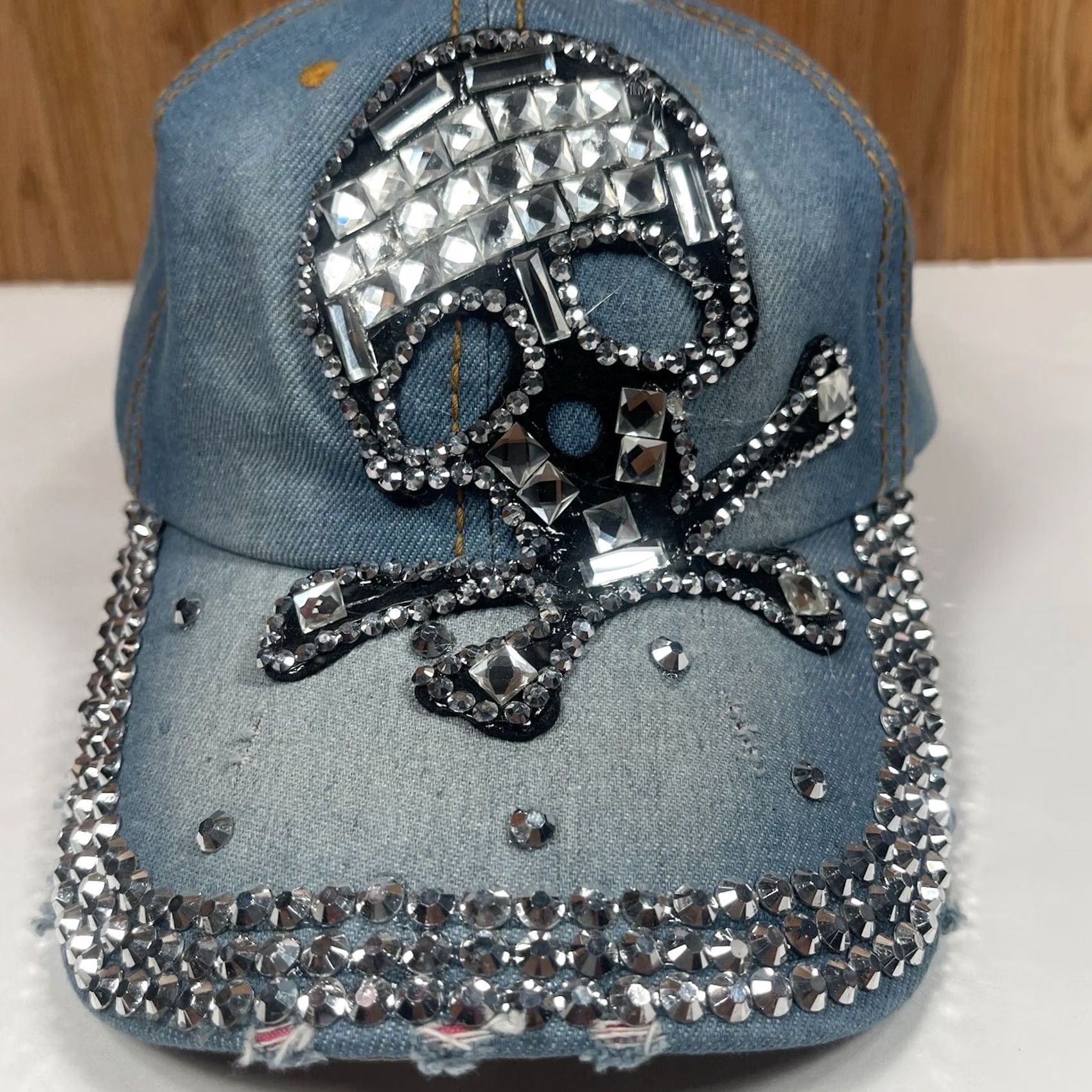 Denime CSI Denim Leather Adjustable StrapBack Hat Cap Woman Rhinestone Skull Blue Shirt? Size ONE SIZE - 3 Thumbnail
