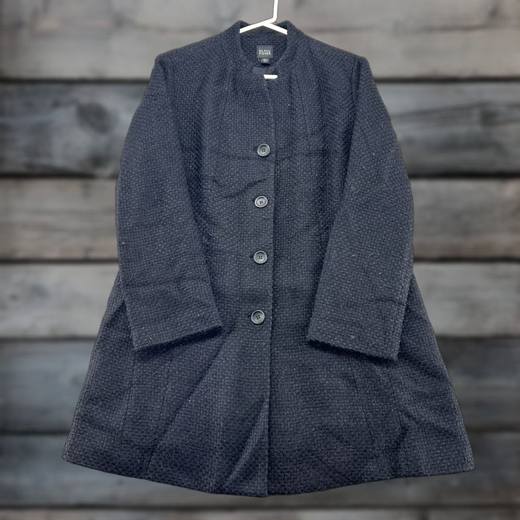 Eileen Fisher Eileen Fisher Coat Womens Small Black Long Textured Cotton Wool Blend Overcoat Size S / US 4 / IT 40 - 1 Thumbnail