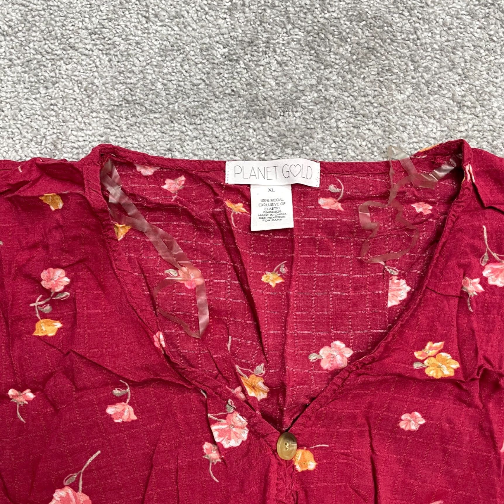 Vintage Planet Gold Floral Smocked Cropped Top Juniors XL Red Short Sleeve Button Casual Shirt Blouse Woman Beach Flower 90s Style Womens Size XL / US 12-14 / IT 48-50 - 4 Thumbnail