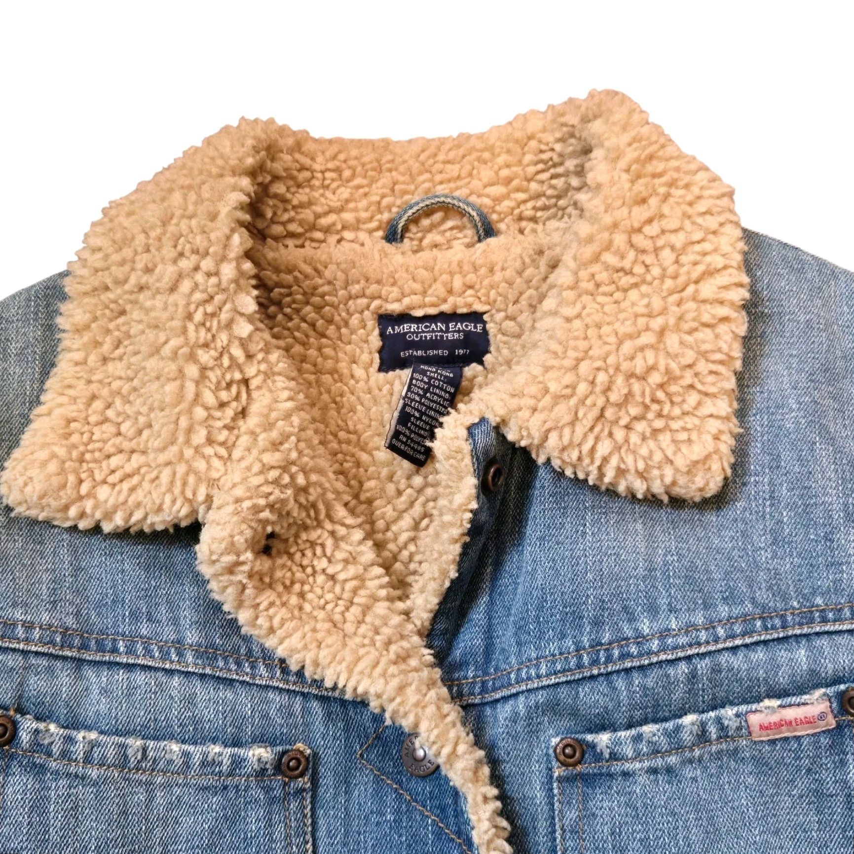 American Eagle Outfitters VINTAGE American Eagle Denim Jacket Womens M Blue Sherpa Lined 90s Trucker Snap Bomber Jacket Size M / US 6-8 / IT 42-44 - 3 Thumbnail