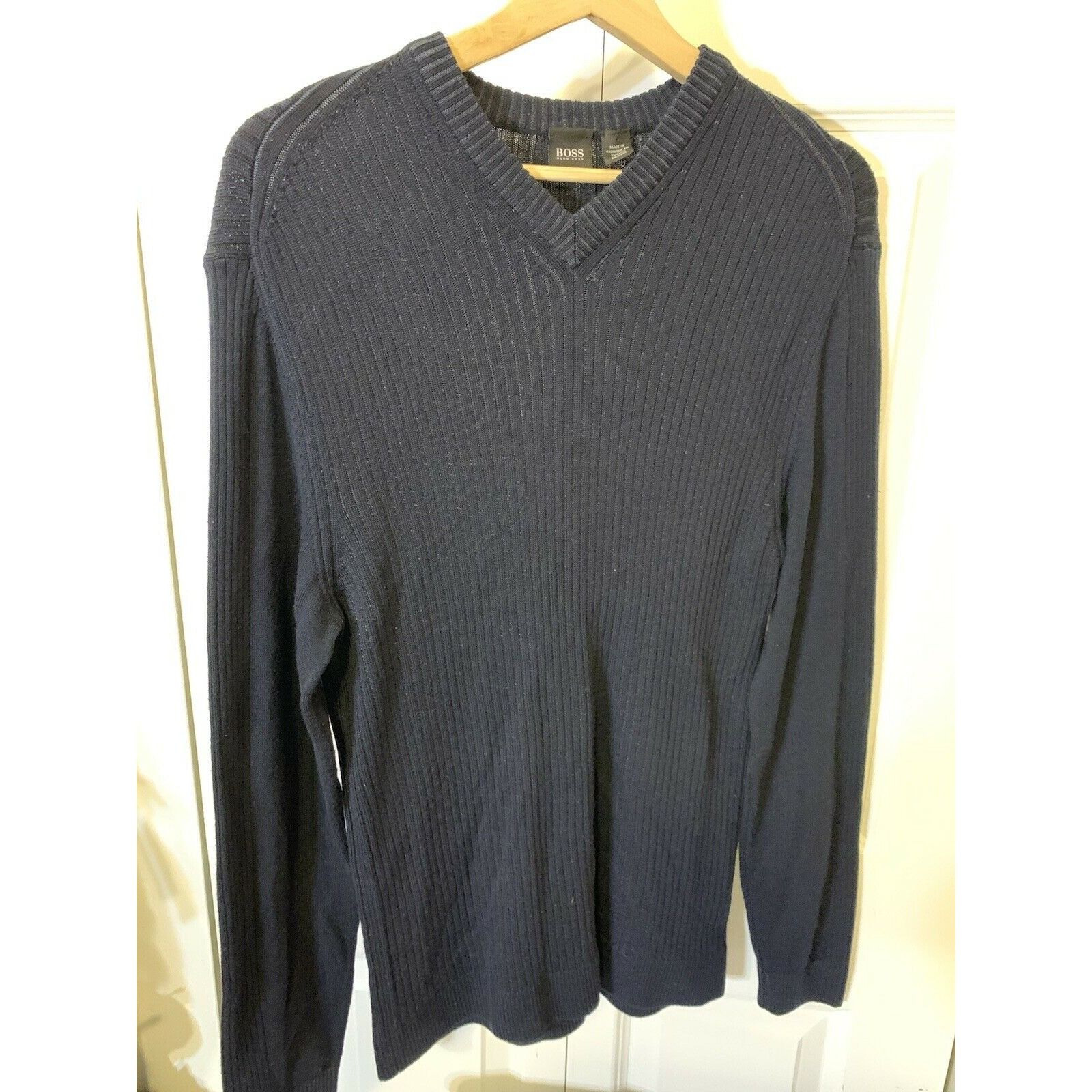 Hugo Boss Hugo Boss Midnight Blue Stripe V Neck Wool Sweater Size US M / EU 48-50 / 2 - 4 Thumbnail