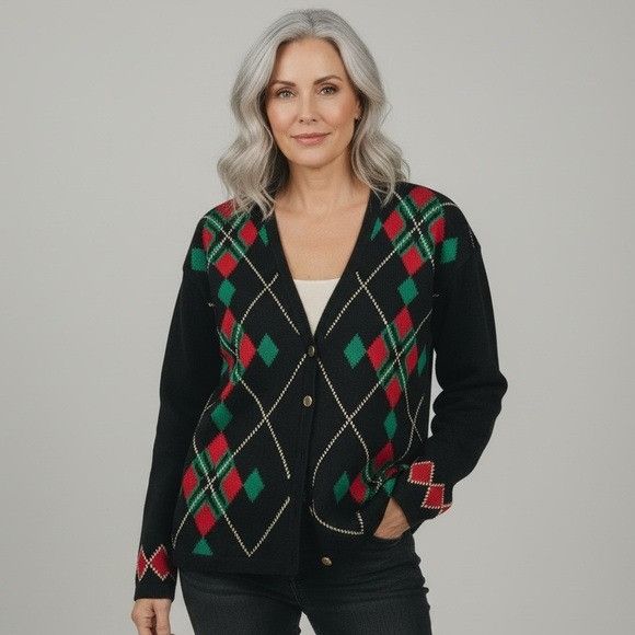 Other Vintage Christopher & Banks Black Cardigan with Red and Gree Size M / US 6-8 / IT 42-44 - 1 Thumbnail