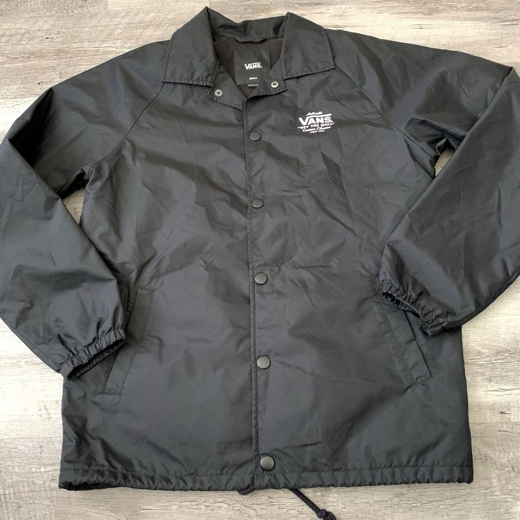 Vans VANS Logo Windbreaker Jacket Mens Small Black Lightweight Nylon Snap Button Size US S / EU 44-46 / 1 - 6 Thumbnail