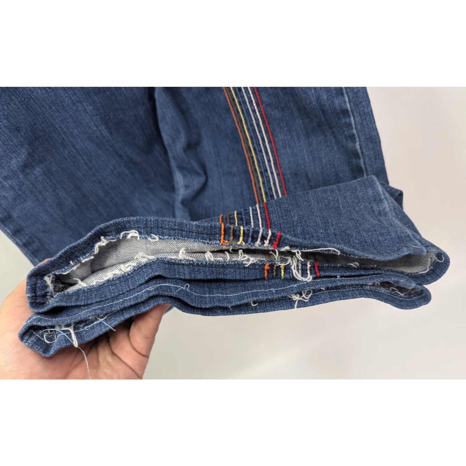 Vintage Fervour Jeans Womens Flared High Rise Denim 31/13 13 Blue Rainbow Hippie Baggy Embroidered Logo USA Size 34" / US 12 / IT 48 - 2 Thumbnail