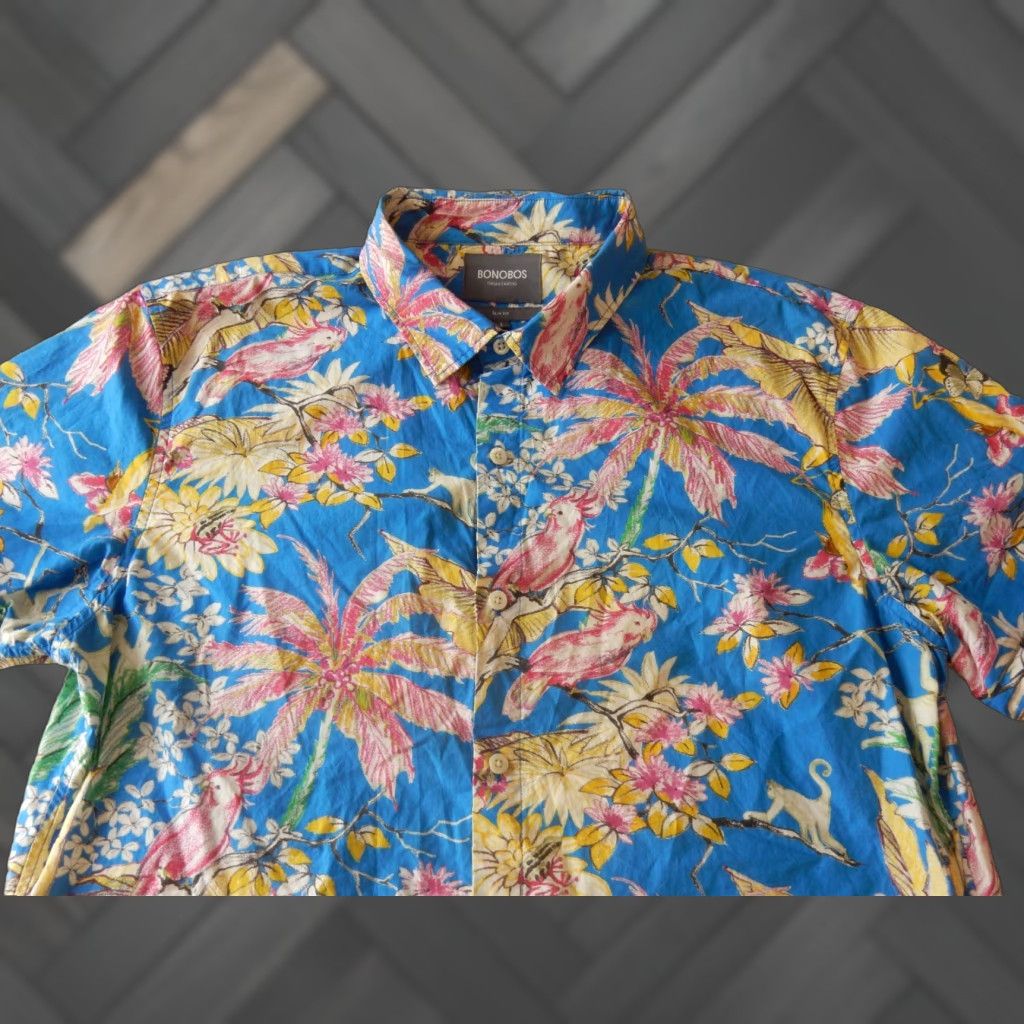 Bonobos Bonobos Men's Button-Up Shirt Size L Slim Fit Short Sleeve Floral Blue Cotton Stated Pattern Parrots Monkeys Frogs Men Size US L / EU 52-54 / 3 - 1 Thumbnail