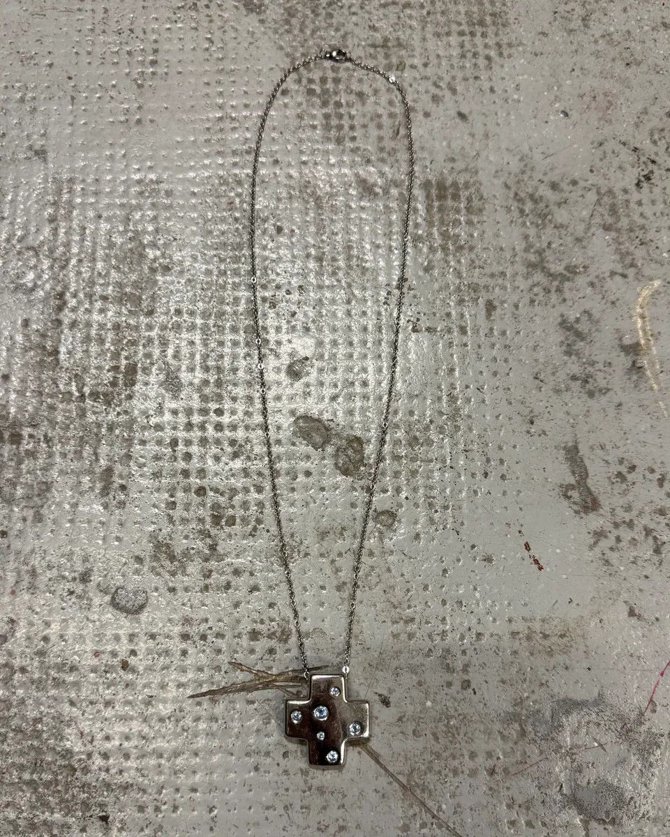 Vintage × Yves Saint Laurent 2000s Yves Saint Laurent Blue Crystal Silver Cross Necklace Size ONE SIZE - 1 Thumbnail
