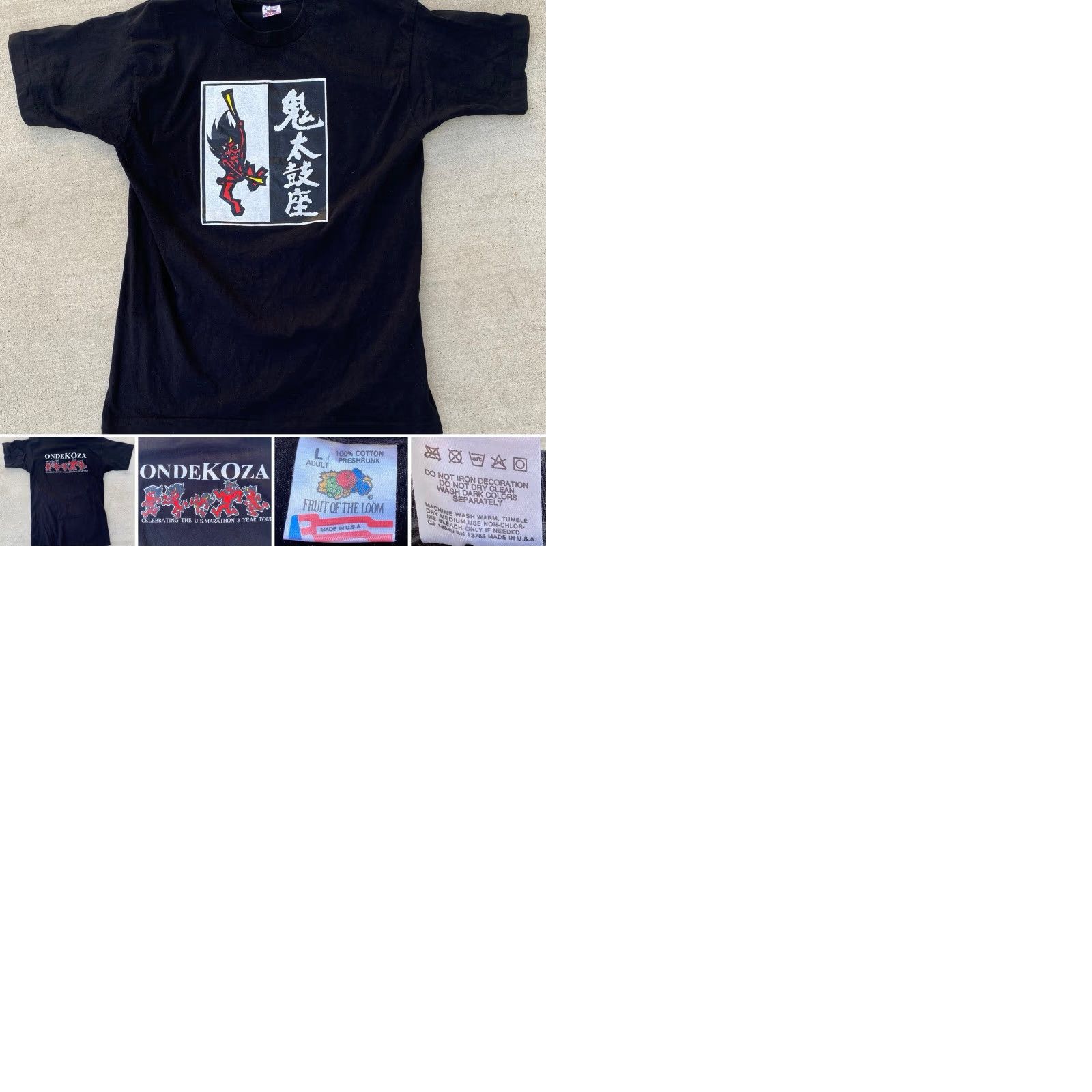 Fruit Of The Loom VINTAGE Fruit Of The Loom T-Shirt Mens L Black Ondekoza Celebrating The US Marathon 3 Year Tour Graphic Print Short Sleeve Size US L / EU 52-54 / 3 - 12 Thumbnail