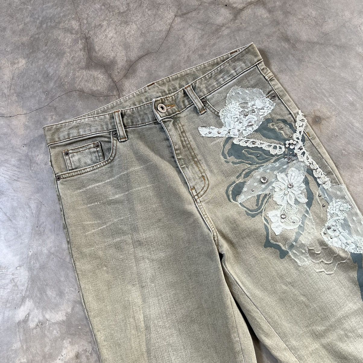 Japanese Brand Vintage D Azur Flared Swarovski Sage Green Jeans Size 30" / US 8 / IT 44 - 5 Thumbnail