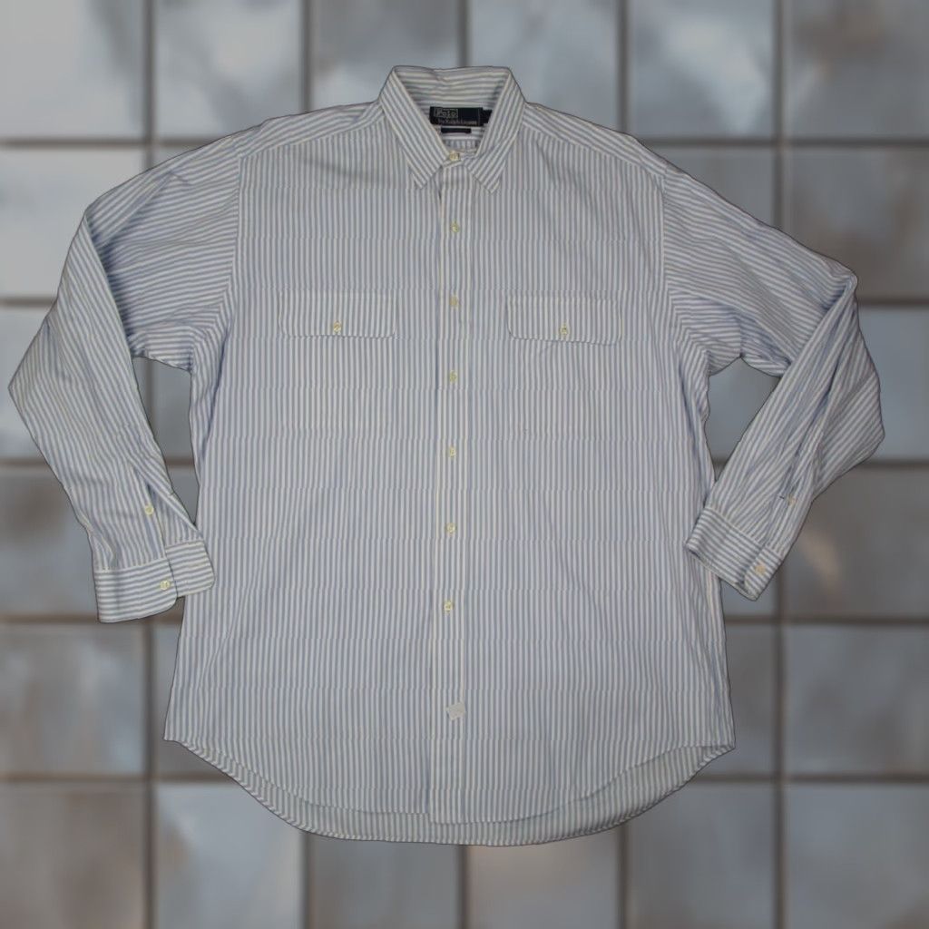 VINTAGE Polo Ralph Lauren Shirt Mens Large Blue Striped Button-Up