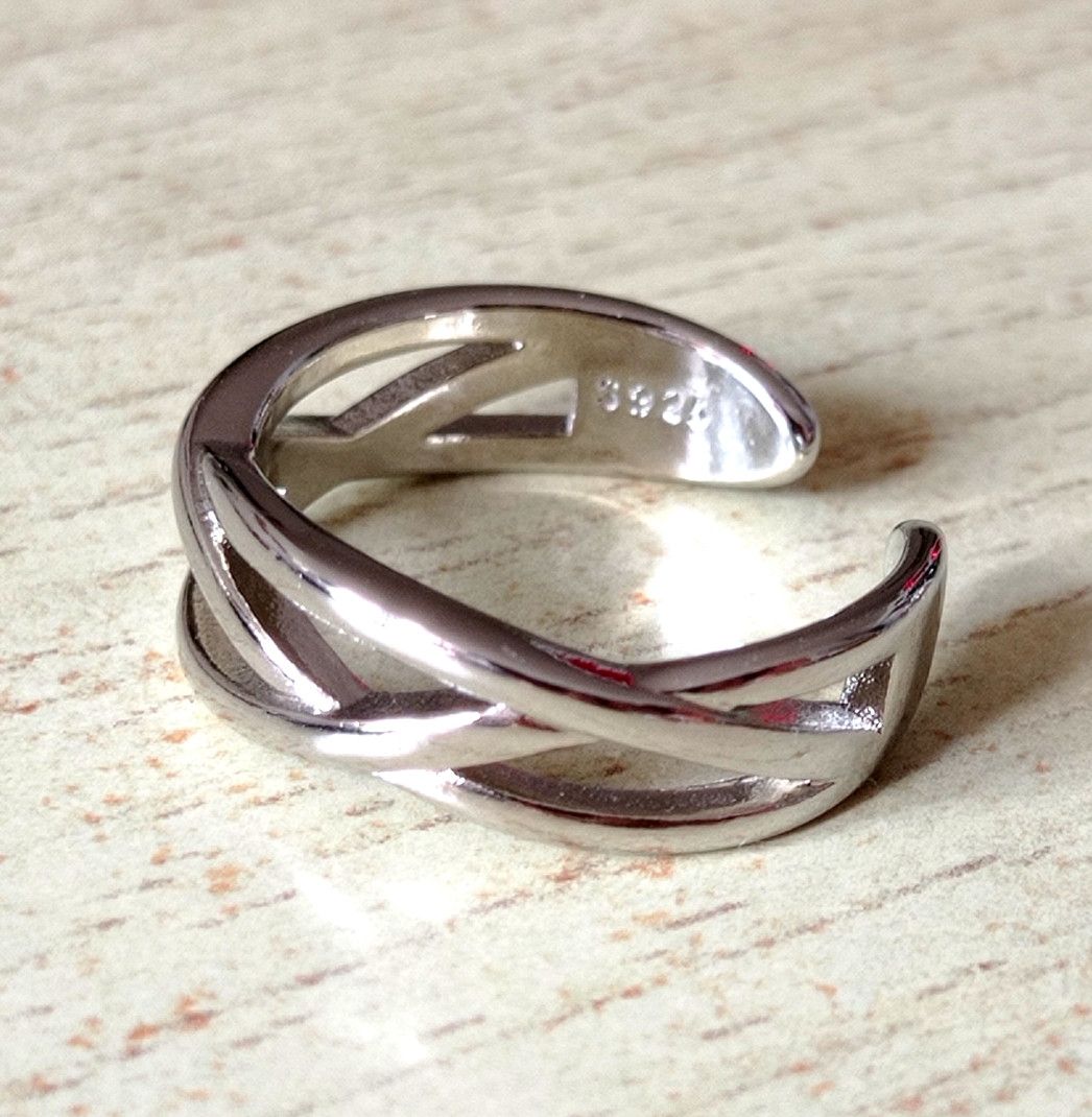 Designer × Vintage Punk Shine Dual Cross Stripes 925 Silver Ring Unique Size ONE SIZE - 2 Thumbnail