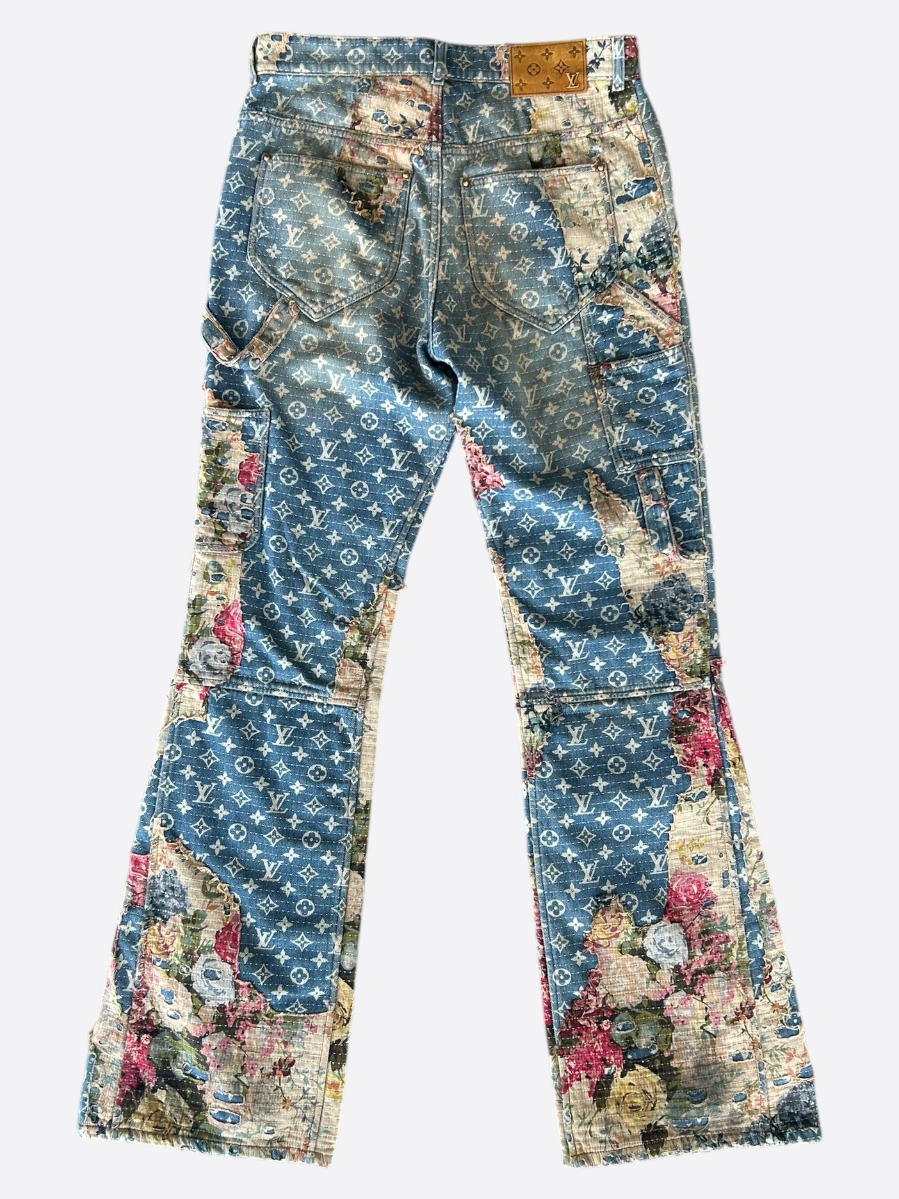 Louis Vuitton Blue Distressed Floral Monogram Flared Carpenter Jeans Size US 30 / EU 46 - 2 Thumbnail