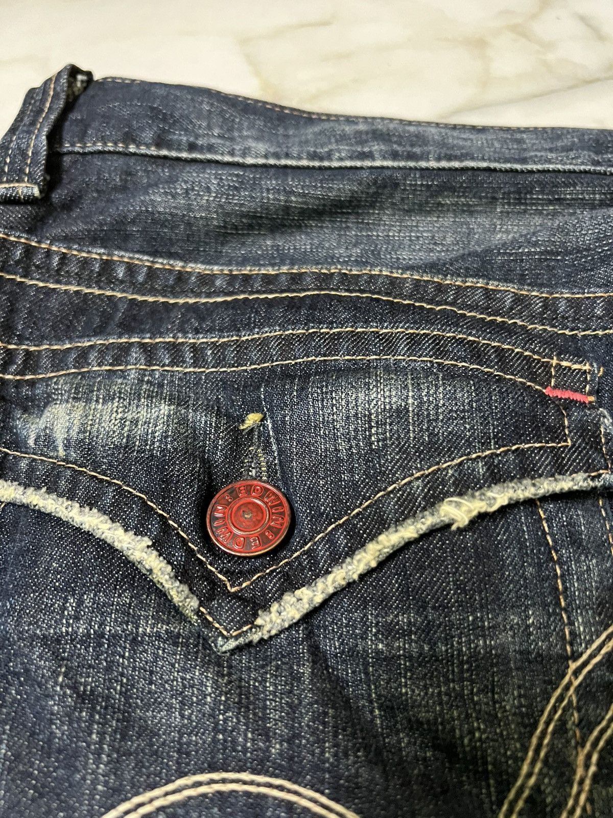 Edwin 💥Flare💥Vintage Edwin 503 Blue Trip Distress Jean Size US 36 / EU 52 - 16 Thumbnail