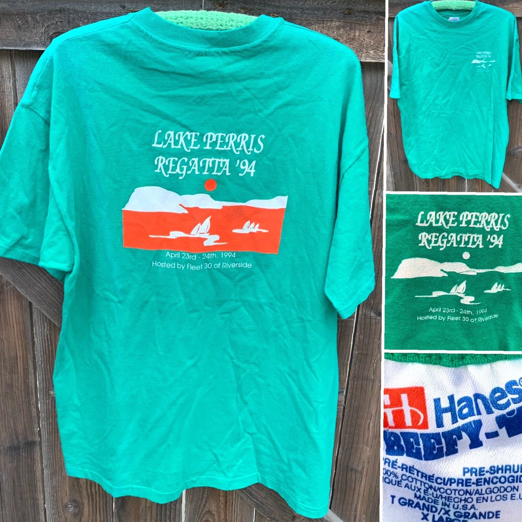 Vintage VINTAGE Hanes Beefy-T T-Shirt Lake Perris Regatta ‘94 XL Green 90s California Riverside Fleet 30 Mens Shirt Size US XL / EU 56 / 4 - 4 Thumbnail