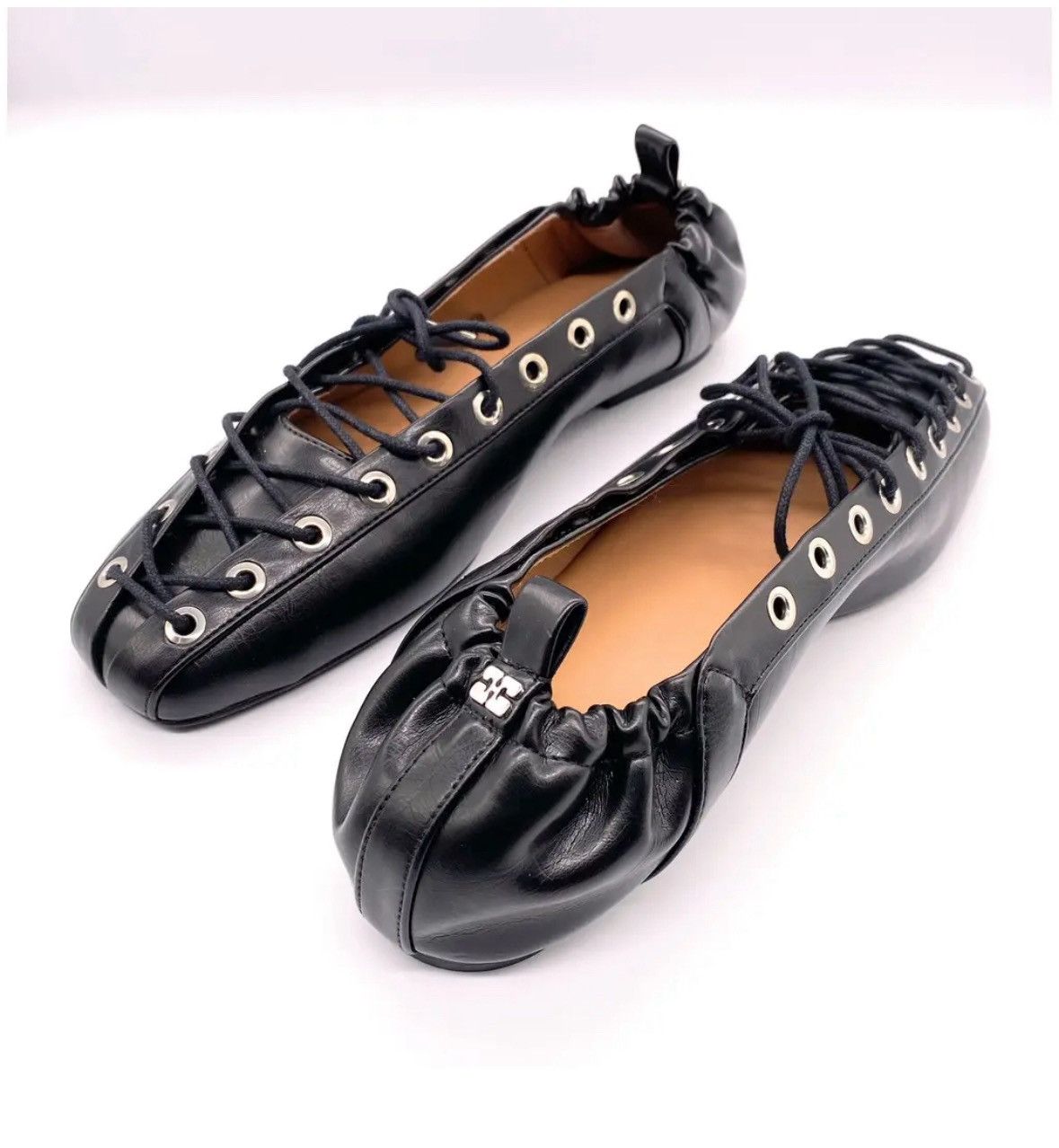 Ganni GANNI Black Leather Lace-Up Ballet Flats with Silver Eyelets Size US 9 / IT 39 - 3 Thumbnail