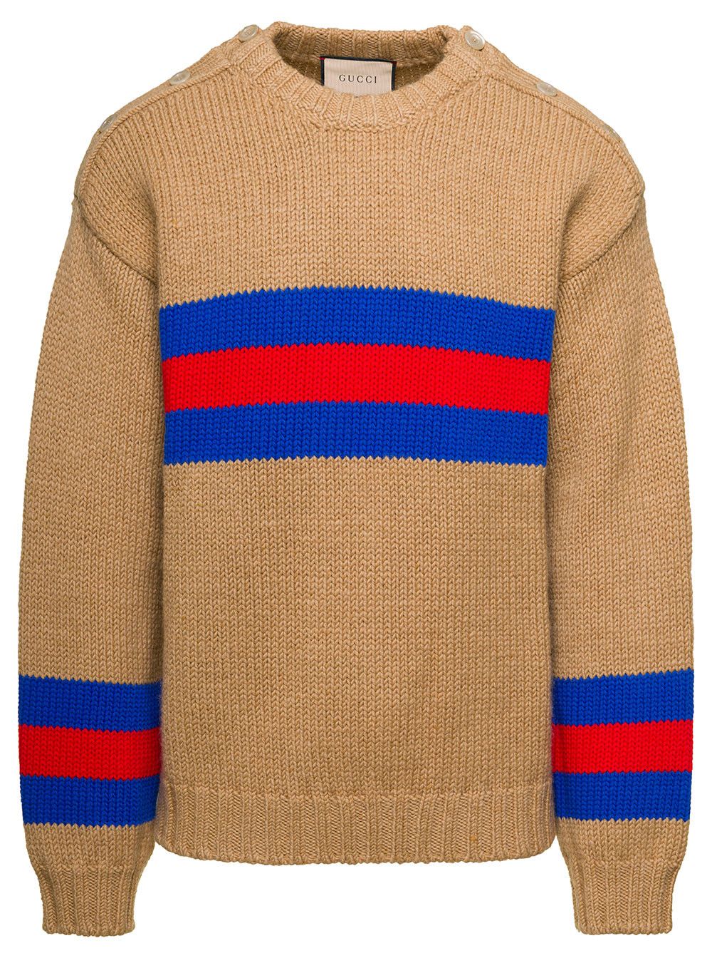 Gucci Camel Brown Crewneck Sweater with Web Intarsia in Wool and Mohair Man Size US S / EU 44-46 / 1 - 1 Thumbnail