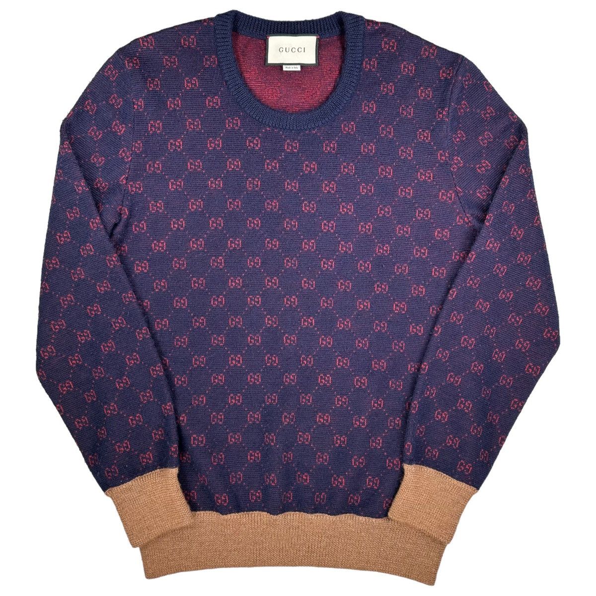 https://www.grailed.com/listings/50507345-gucci-gucci-size-l-navy-gg-all-over-logo-heavy-wool-red-tan-jumper