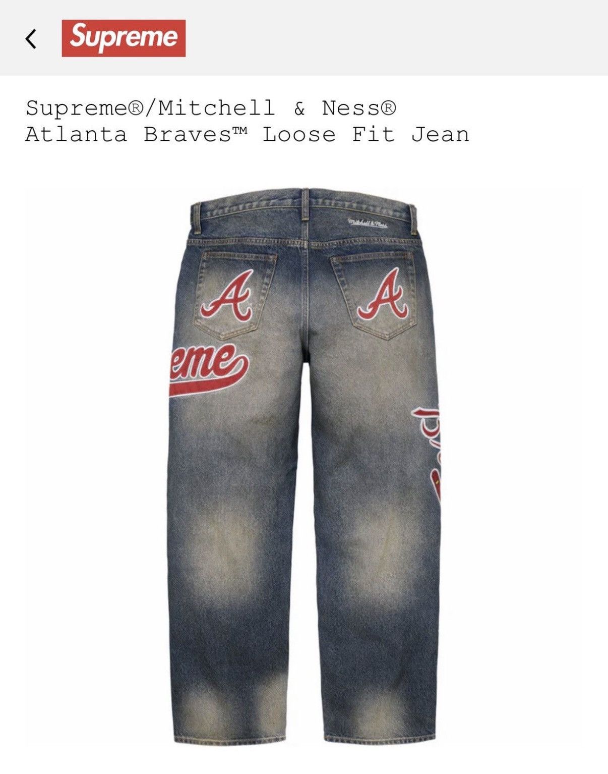 Mitchell & Ness × Supreme Supreme Atlanta Braves Mitchell & Ness Loose Denim Jeans 34 Size US 34 / EU 50 - 4 Thumbnail