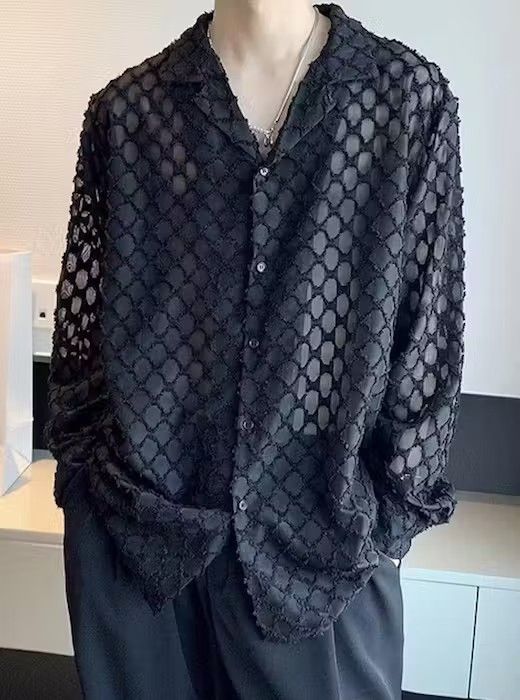 image of Vintage Retro Sheer Mesh Button Up Shirt in Black, Men's (Size XL)