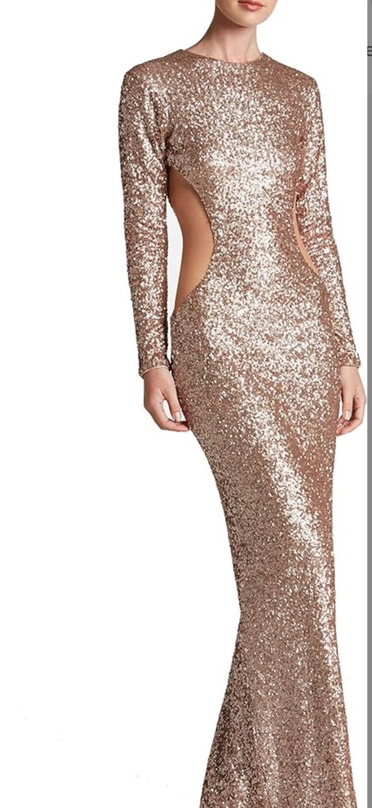 image of Dress The Population Long Sequined Dress With Cutout Mesh Sides in Champagne Gold, Women's (Size Sm