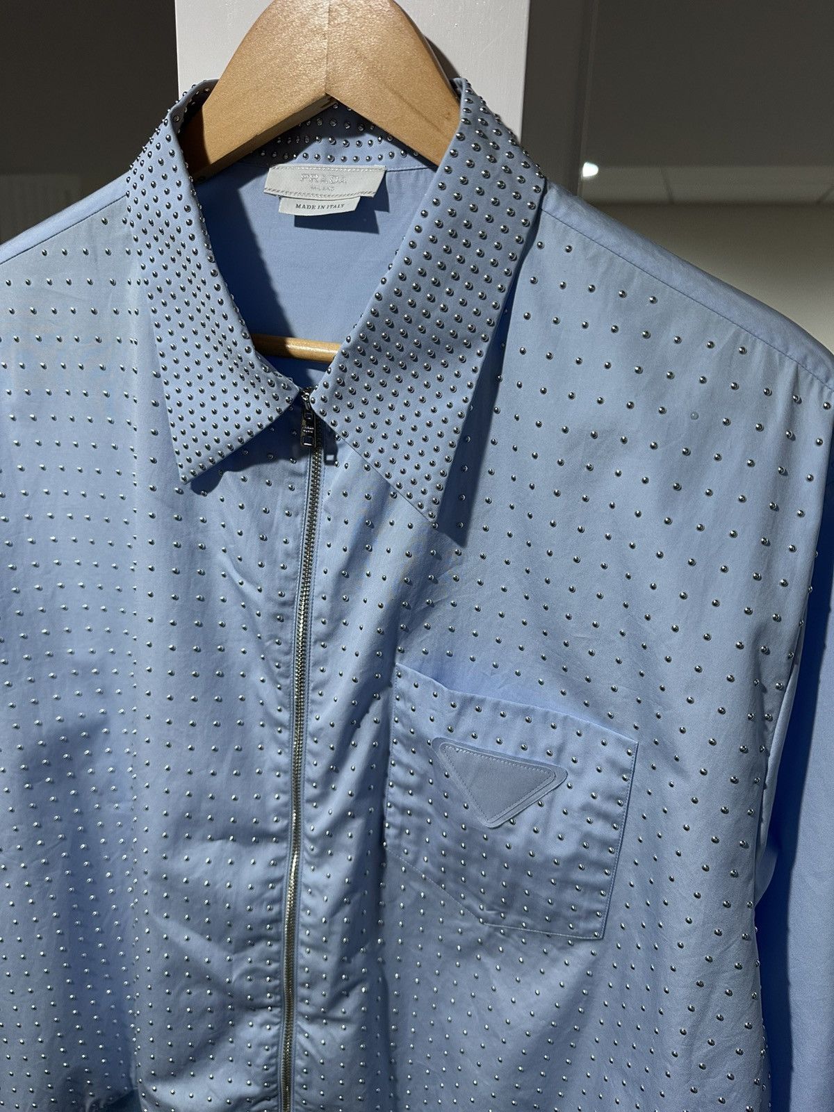 Prada Prada Light Blue Studded Embellished Zip Up Shirt Jacket Size US XL / EU 56 / 4 - 2 Thumbnail