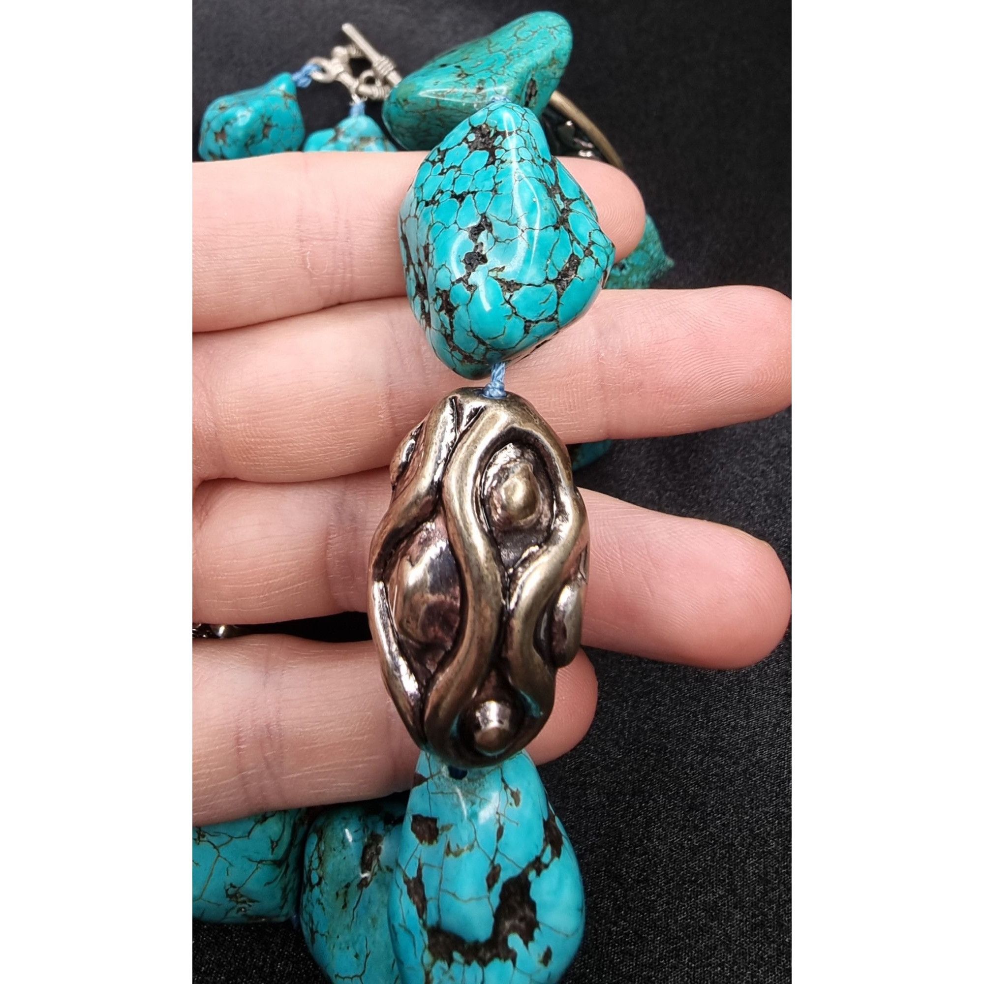 Vintage Chunky Turquoise & Silver Beaded Necklace With Toggle Clasp Size ONE SIZE - 5 Thumbnail
