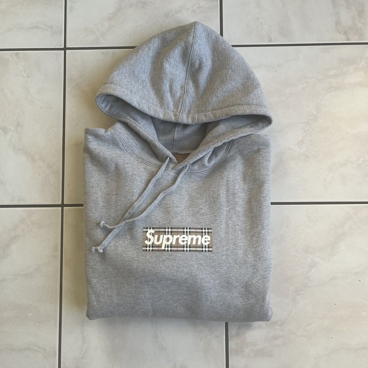 image of Burberry x Supreme Box Logo Hoodie in Grey, Men's (Size XL)