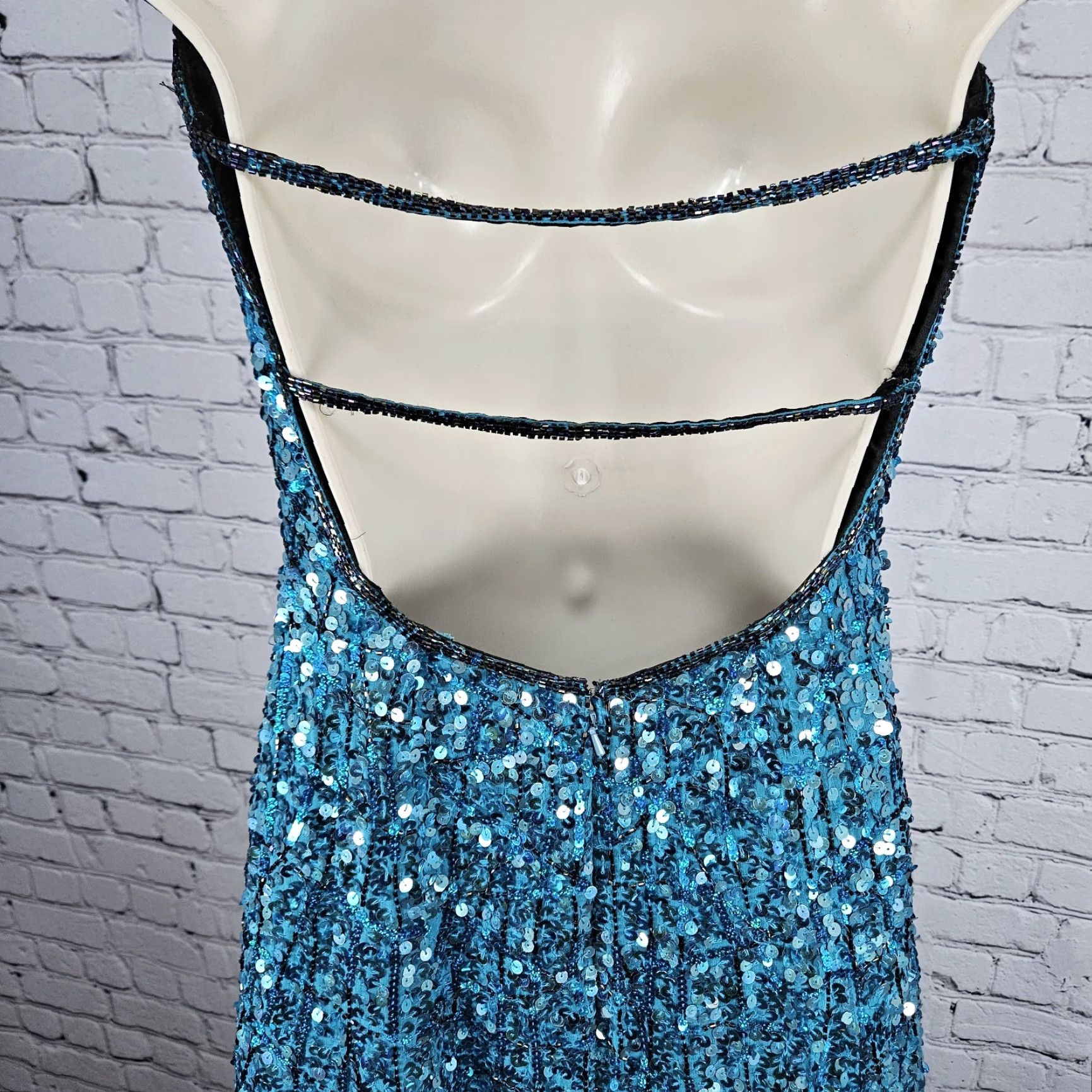 VINTAGE Precious Formals Blue 100% Silk Sequin Beaded Strapless Maxi Dress Small S Women Dress