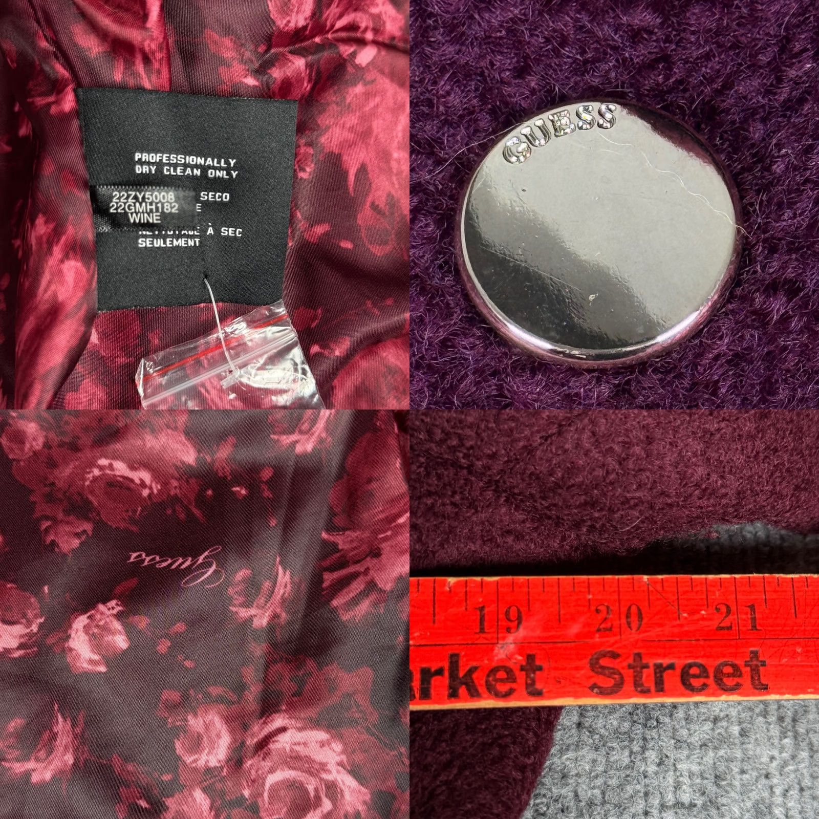 Guess VINTAGE? No — Guess Wool Blend Pea Coat L Womens Burgundy Floral Lining Button Closure Zippered Sleeves Mid-Length Winter Outerwear Coat Size L / US 10 / IT 46 - 8 Thumbnail