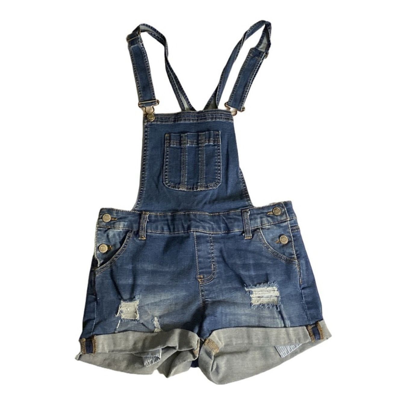 Other Wax Jean Denim Overalls Distressed Rolled Shorts Y2K Grunge Size 24" / US 00 / IT 34 - 2 Thumbnail