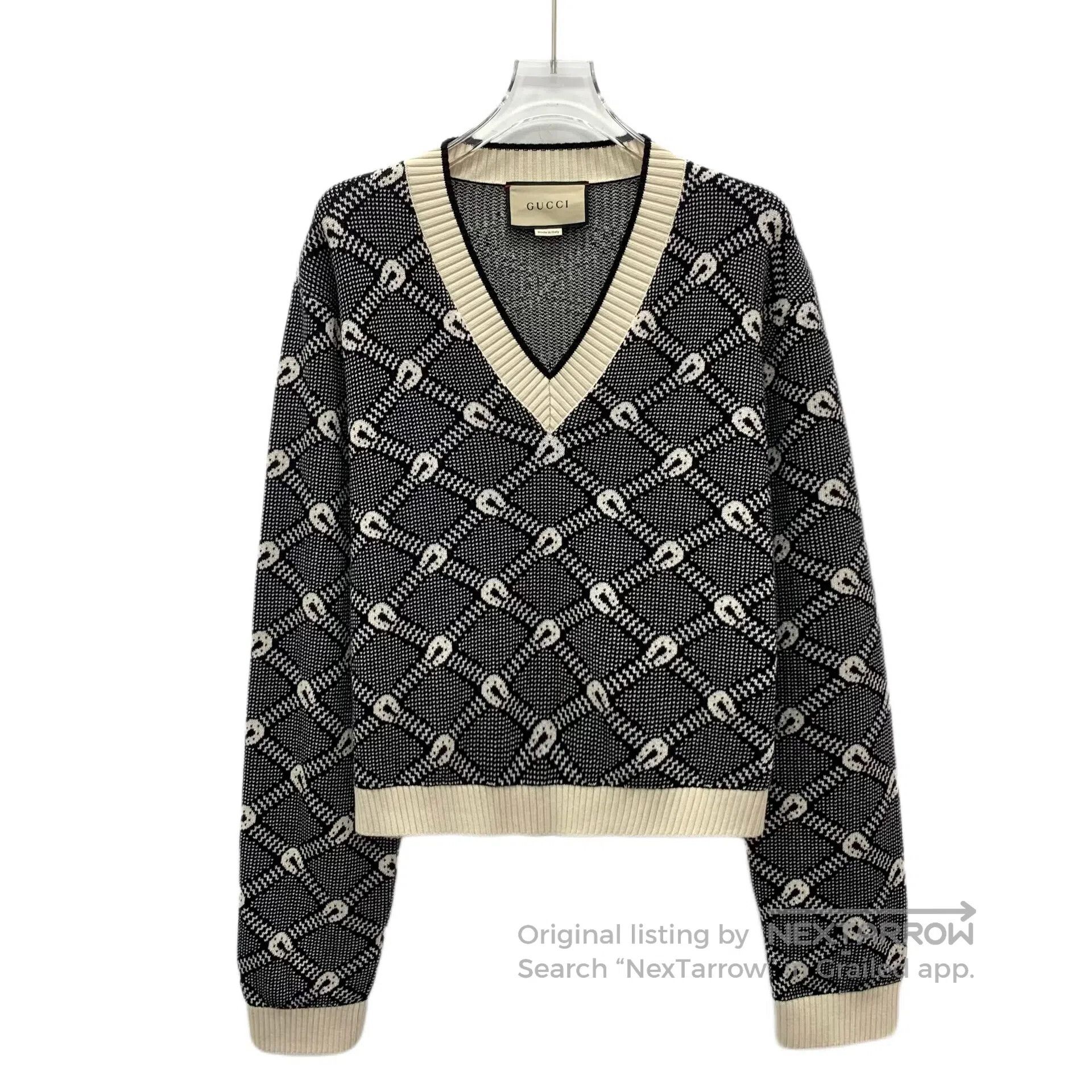 Gucci Guicci Black diamond pattern cotton V-neck long sleeve kni Size US L / EU 52-54 / 3 - 1 Thumbnail