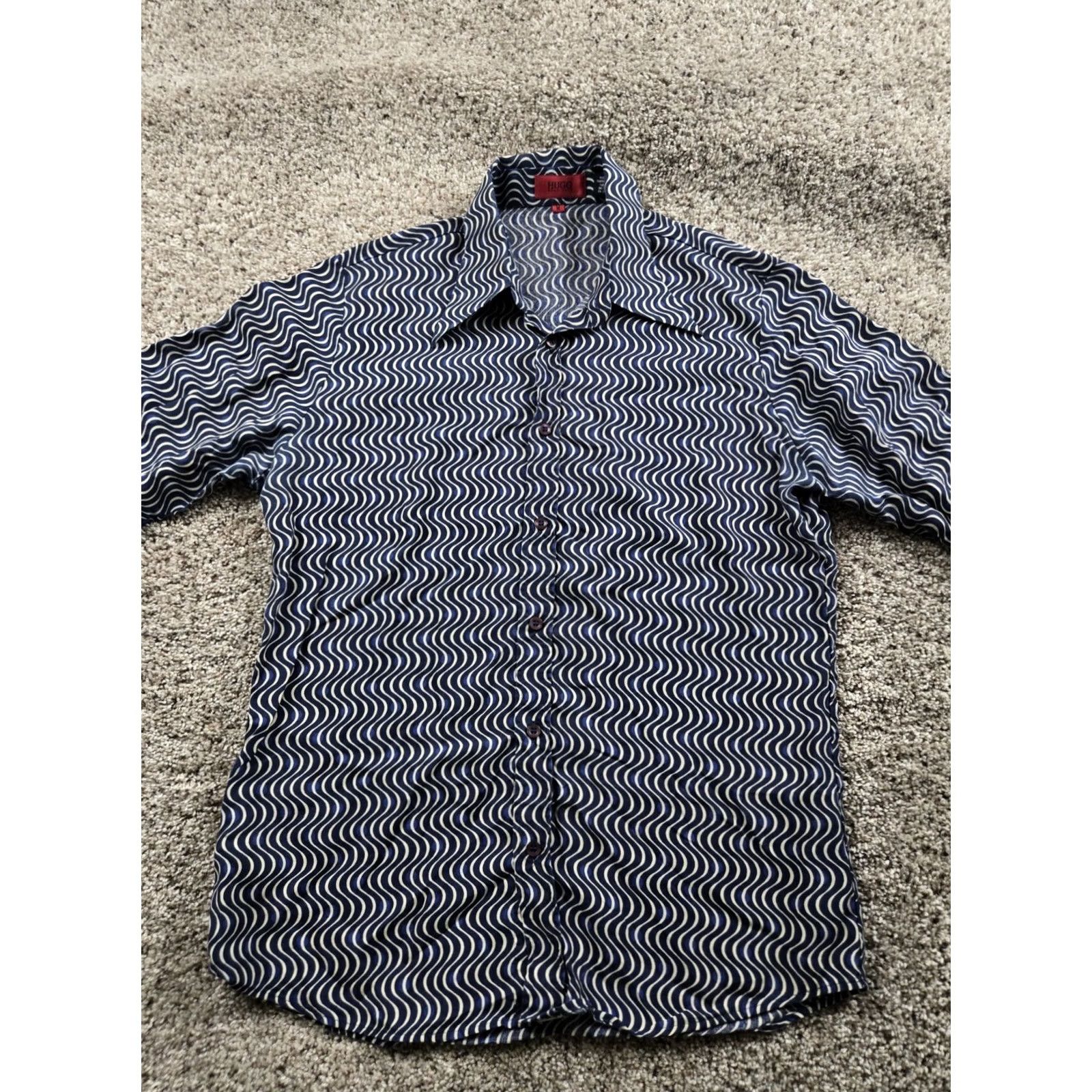 Hugo Boss HUGO BOSS Shirt Medium Blue Waves Button Up Retro 70s Groovy Point Collar Mens Regular XS? Size US M / EU 48-50 / 2 - 3 Thumbnail