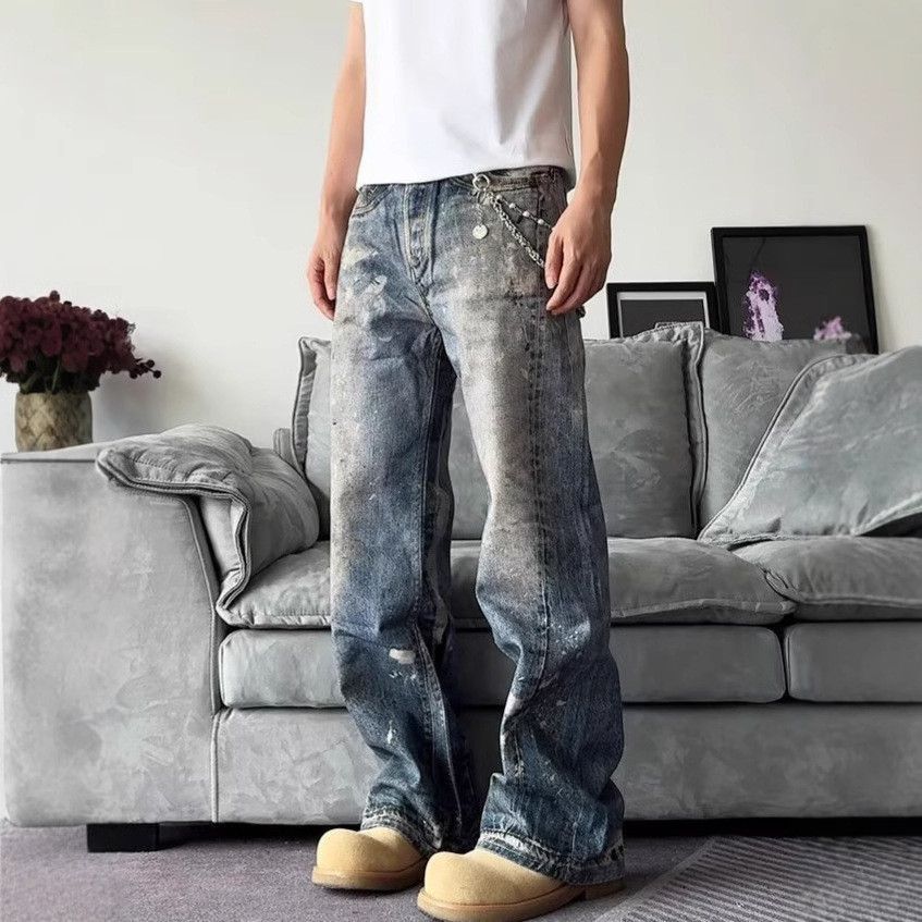 Japanese Brand Retro straight tube splashed ink printed jeans Size US 32 / EU 48 - 5 Thumbnail