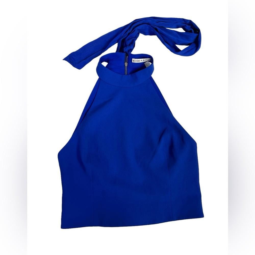 Designer Alice + Olivia l Silk Cobalt Blue High Neck Blouse Medium Size M / US 6-8 / IT 42-44 - 3 Thumbnail