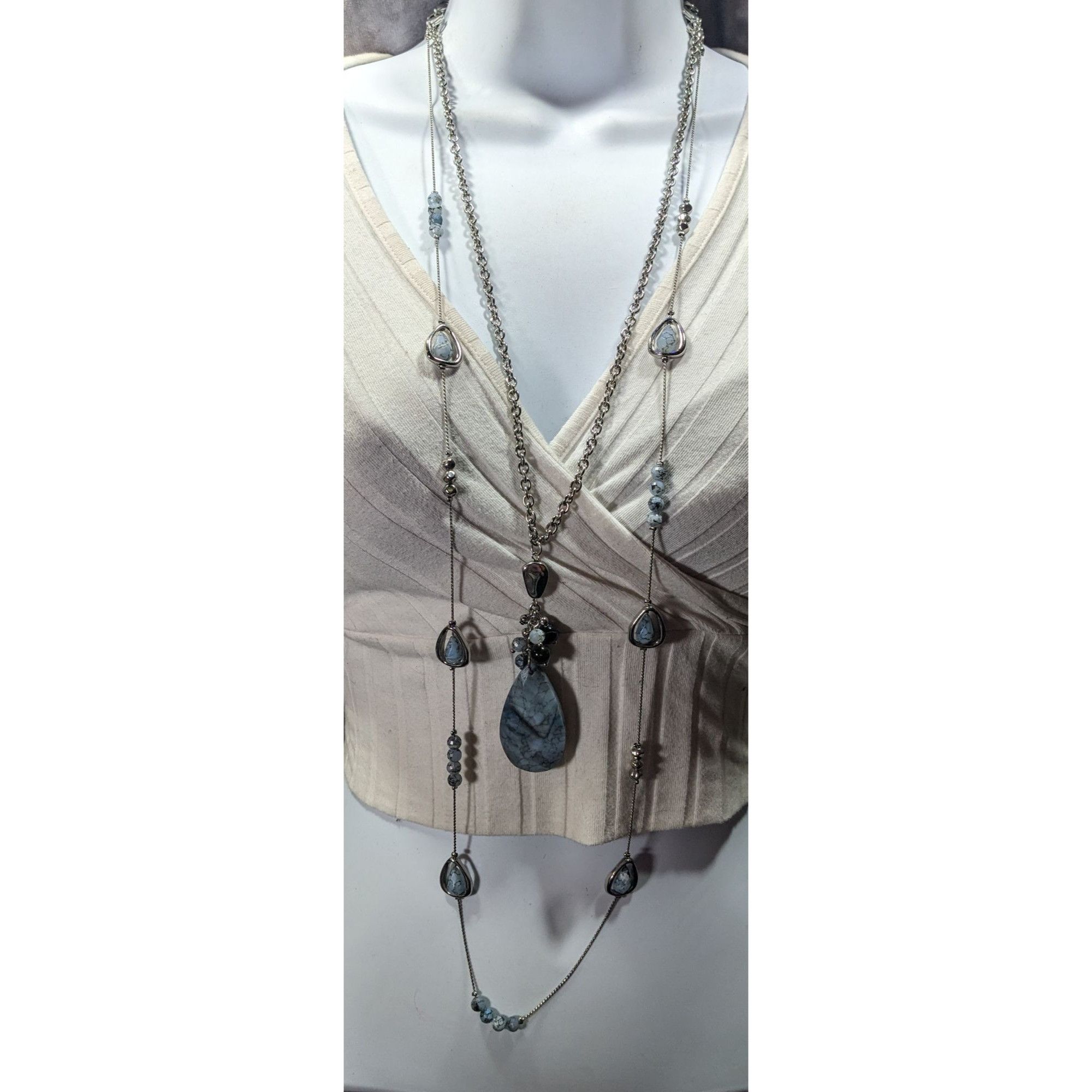 Chicos Chico's Blue Stone Teardrop And Charm Silver Tone Chain Neck Size ONE SIZE - 2 Thumbnail
