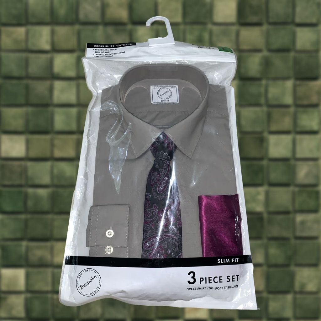 Vintage Bespoke Dress Shirt Tie And Pocket Square Mens Large NWT-13001 Slim 3pc Gray Long Sleeve Collared Size 42R - 1 Thumbnail