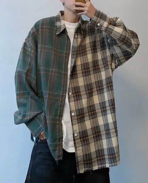 VIBE Outdoor retro asymmetric patchwork distressed plaid shirt Size US L / EU 52-54 / 3 - 7 Thumbnail