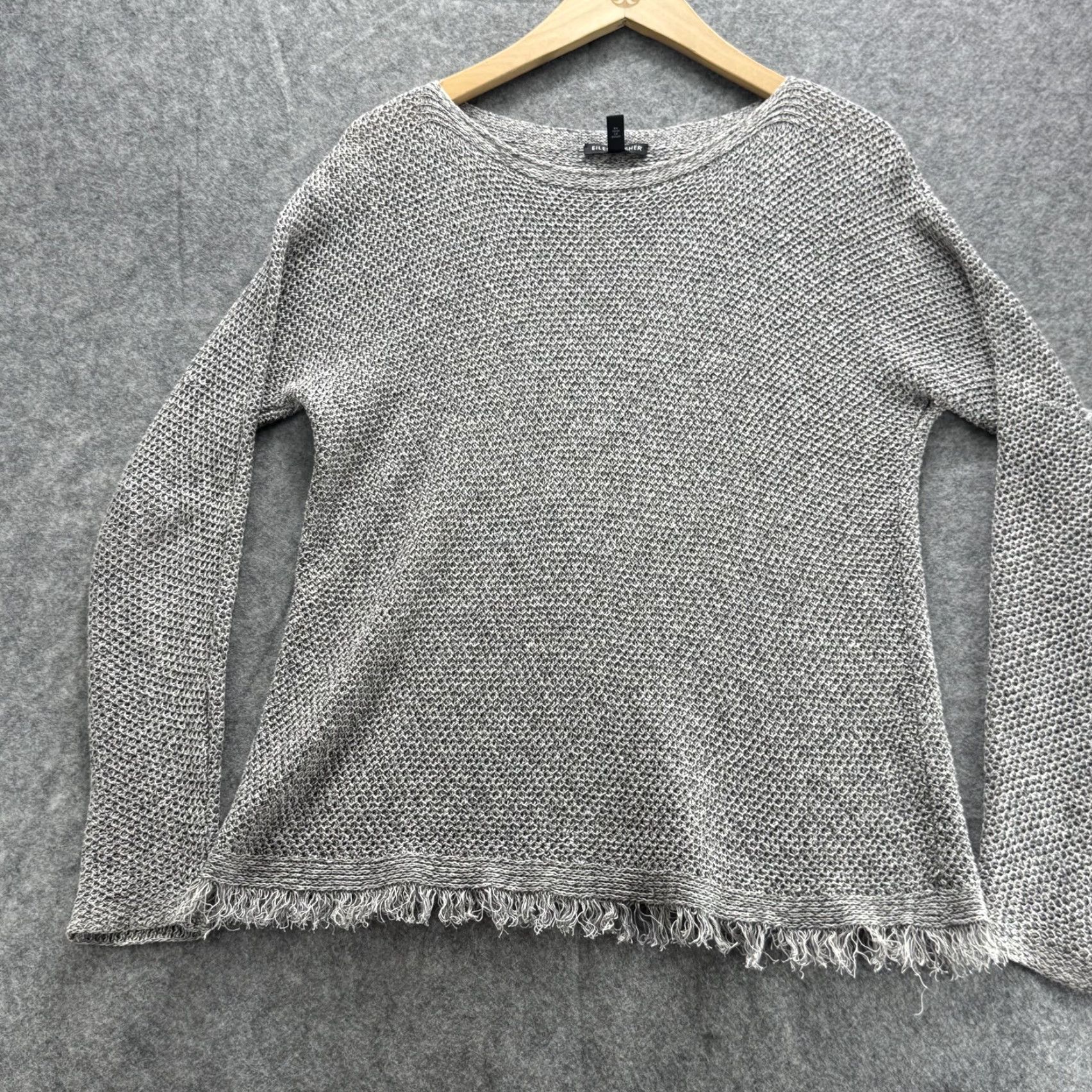 Eileen Fisher Sweater Womens XS Gray Open Knit Fringe Hem Pullover L
